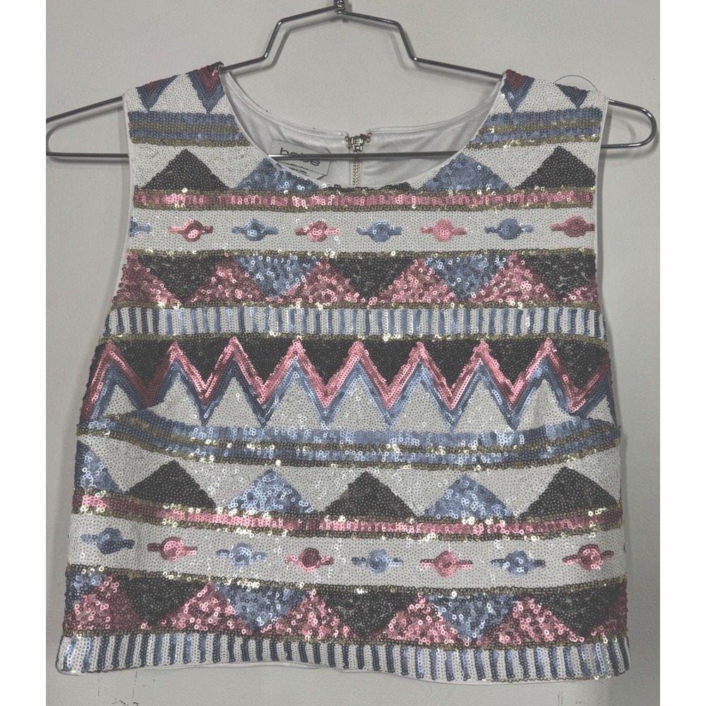 Bebe Crop Top Tank Sleeveless Sequins Scoop Neck Stretch Pullover Size 12 Y2K
